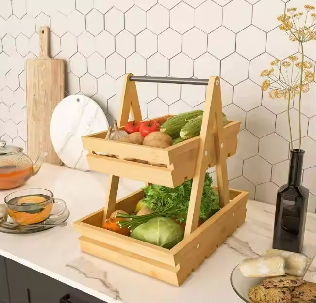 Wood Fruit Basket, Fruit Bowl, 2 Tier Bamboo Fruit Stand for Kitchen Counter Top, Large Capacity Storage Holder