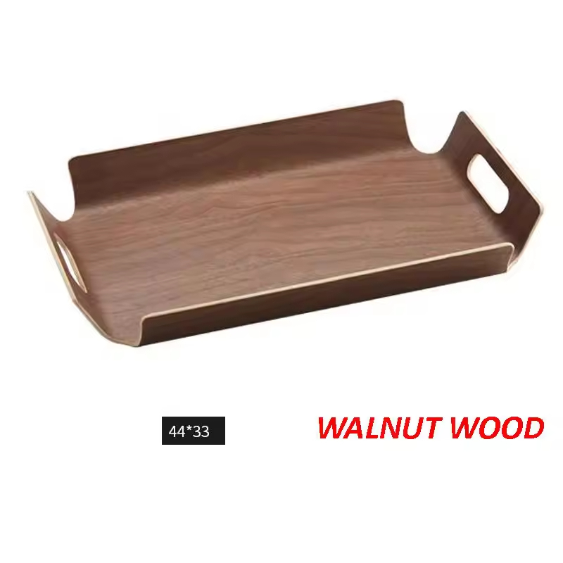 Wholesale Curved Wood Willow Walnut Plywood Tray Wooden Serving Tray With Handle Dinner Plates Bakery Coffee Wooden Tray