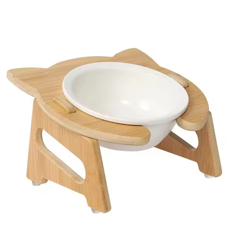 Pet Bowls Cat Dog Bowl Slow Feeder Bamboo Stand Elevated Pet Feeder