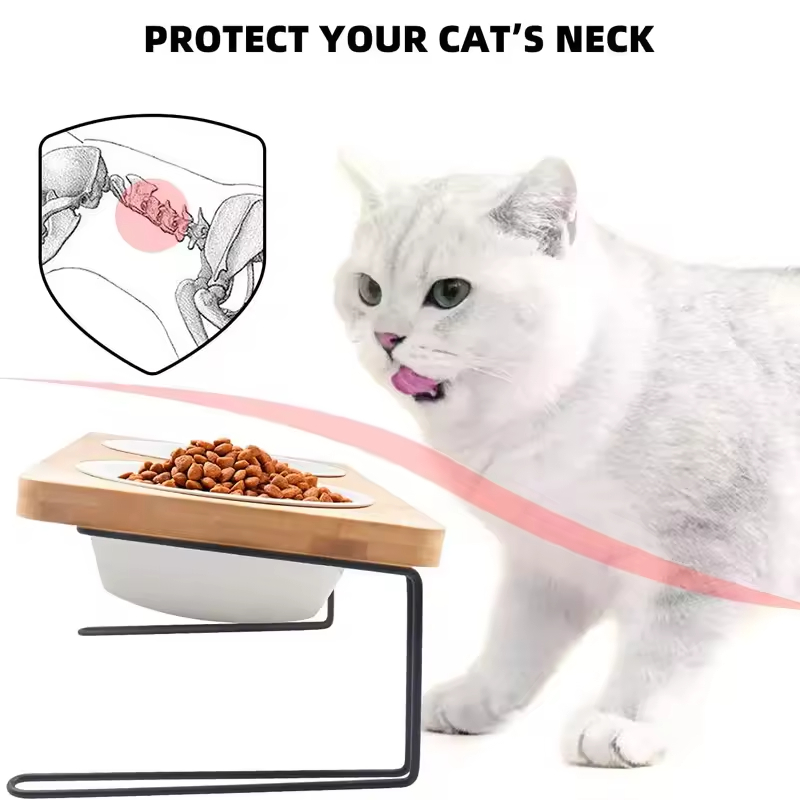 Bamboo Water Stand Feeder Raised Cat Food Bowl 