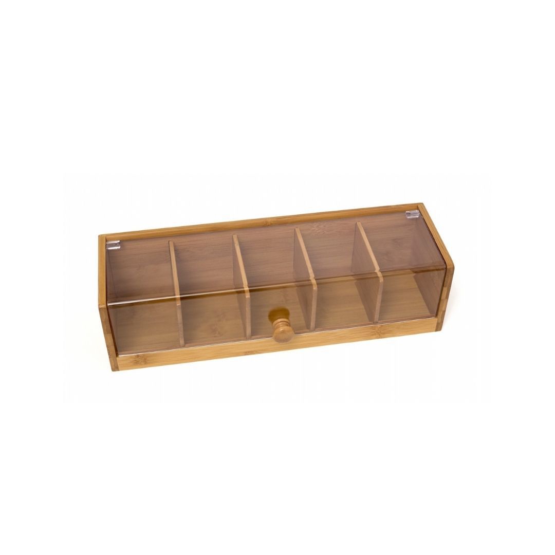 Bamboo divided clamshell tea box Wooden packaging box 5 boxes storage with transparent acrylic plate tea bag storage